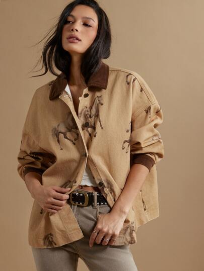 WESTFADE Western Horse Print Barn Jacket With Contrast Corduroy Collar, Fall, Autumn Winter, Country, Cowgirl, Cute, Western, Thanksgiving,, Country Concert