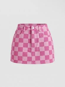 SHEIN MOD 女款棋盤格口袋休閒百搭牛仔裙 - 彩色 - 查看 5