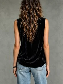 LUMIGAL Women's New Chinese Style Velvet Contrast Color Frog Button Sleeveless Tank Top - Black - View 2
