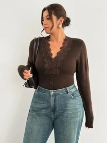 Firerie Plus Size V-Neck Lace Trim Long Sleeve Button Front Solid Color Cardigan - Brown - View 3