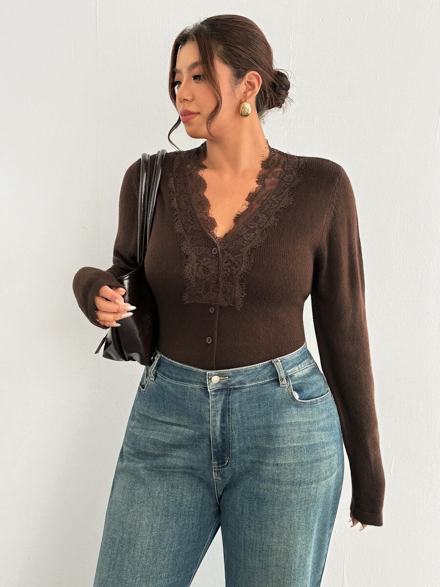 Firerie Plus Size V-Neck Lace Trim Long Sleeve Button Front Solid Color Cardigan - Brown - View 1