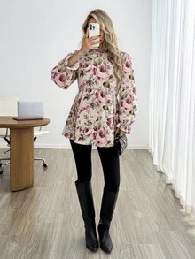 Easowa 女款休閒復古花卉印花高領襯衫，適合秋冬日常穿著 - 彩色 - 查看 2