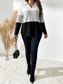 SHEIN تي شيرت نسائي مقاس كبير الأكثر مبيعاً بياقة V وتصميم تنحيفي بألوان متناسقة ورقعات، تصميم بقصة بسيطة، مناسب للتنقل اليومي والخروجات والتجمعات والمواعدة والتصوير - متعدد الألوان - مشاهدة 3