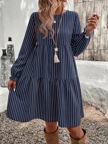 EMERY ROSE فستان نسائي جديد للخريف/الشتاء بتصميم كاجوال بسيط وأنيق مخطط برقبة دائرية وقصة فضفاضة بطول متوسط، مناسب للربيع/الخريف - متعدد الألوان - مشاهدة 3