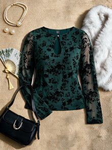 EastFlair Plus Size Women's Flocked Mesh Keyhole Neck Long Sleeve Elegant Top Fall - Dark Green - View 4