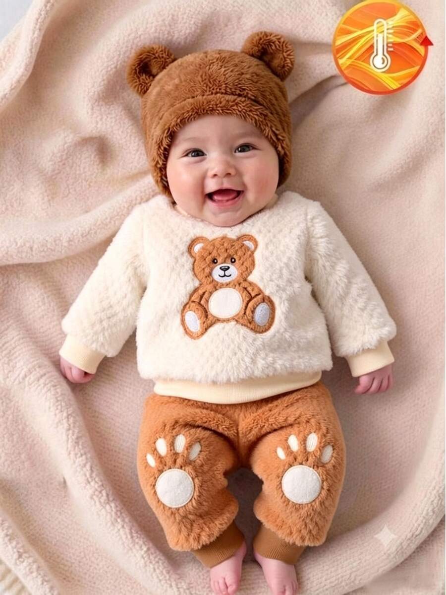 SHEIN Vintaside Kids 3件組幼童男童運動衫套裝 可愛米色棕熊貼布爪印抓絨長袖圓領加厚冬季秋季度假舒適慢跑套裝 - 棕色 - 查看 1