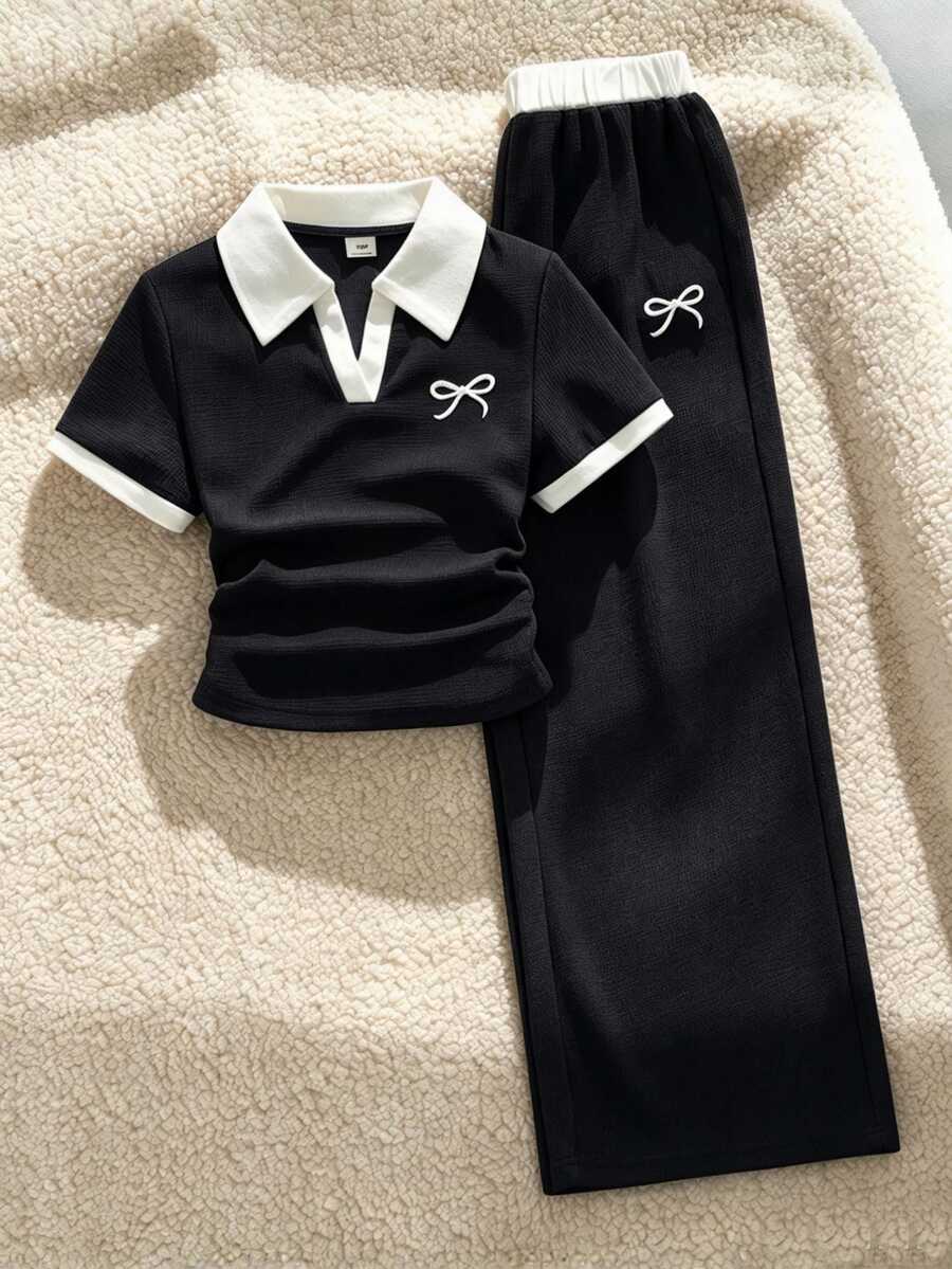 SHEIN Sparklyn 2件組青少年女孩套裝，翻領半鈕扣短袖T恤上衣配蝴蝶結圖案，寬鬆寬腿長褲，2件套 - 黑色 - 查看 1