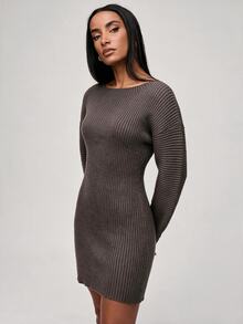 SHEIN BASICS Women's Solid Color Boat Neck Drop Shoulder Long Sleeve Slim Fit Knit Dress - Coffee Brown - View 3