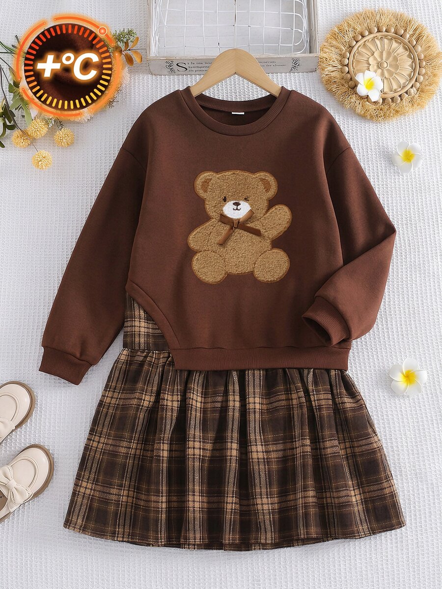 SHEIN 1pc Girls Brown Sweatshirt Patchwork Print 2 In 1 Dress, Casual Daily Dress For Autumn - Multicolor - View 1