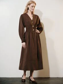 Aveloria Modichic Button Decor, Commuter Design Fashionable Elegant V-Neck Elastic Waist Versatile Long Dress - Coffee Brown - View 7
