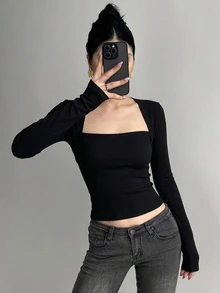 DAZY 極簡性感風 2 合 1 披肩袖長袖 T 恤，方領設計，顯鎖骨，修身版上衣 - 黑色 - 查看 4