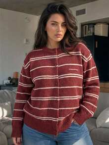 Dazy Plus Red Christmas New Year Striped Long Sleeve Korean Style Cardigan Sweater - Red - View 7