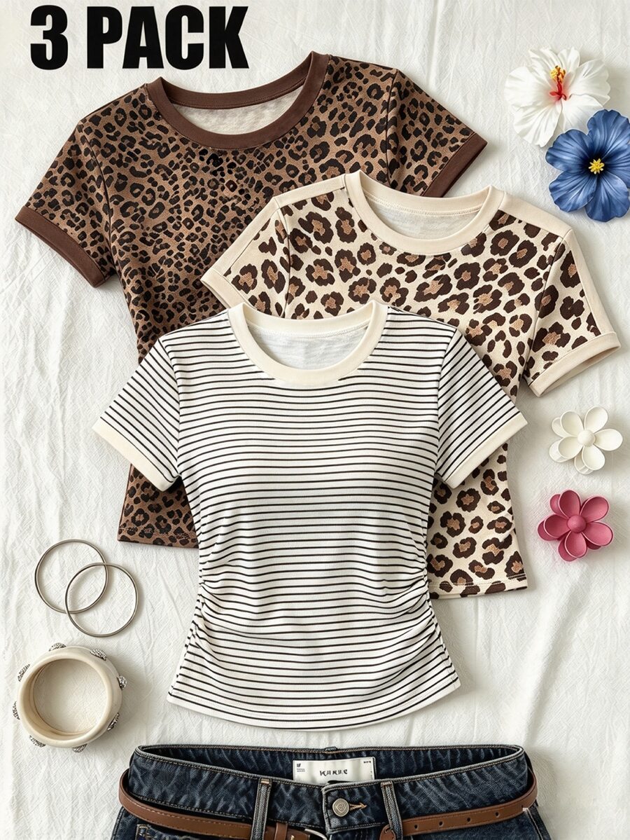 3PCS Tween Girls T-Shirts - Multicolor - View 1