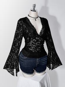 SHEIN ICON Women's Plus Size Lace Patchwork Black Flocked Top - Black - View 8