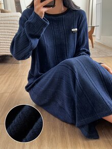 DAZY Autumn/Winter Brushed Fabric Letter Print Loose Fit Women's Loungewear Dress - Navy Blue - View 4