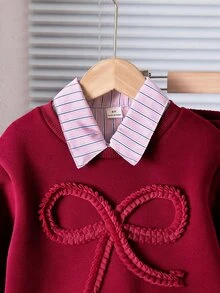 Genkimix Kids 女童蝴蝶結刺繡 2 件套海軍藍假分層條紋領長袖運動衫與寬腿長褲套裝，開學休閒穿搭 - 酒紅色 - 查看 5