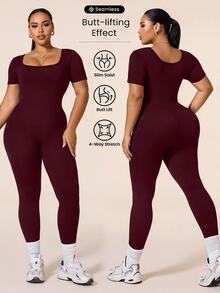 SHEIN Rhythm Era Women's Plus Size Seamless Ribbed Slim Fit Athletic Jumpsuit, Suitable For Workout, Yoga, Running - Burgundy - View 1