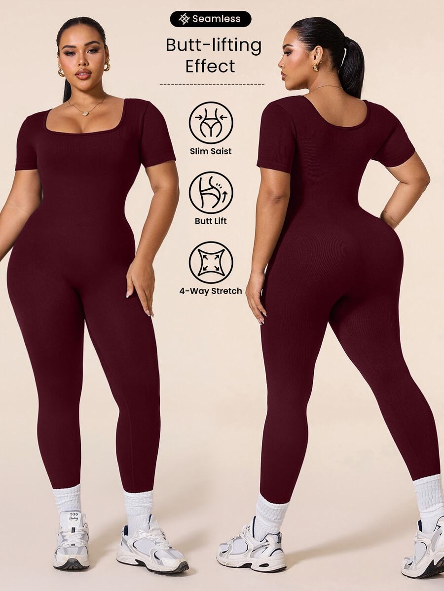 SHEIN Rhythm Era Women's Plus Size Seamless Ribbed Slim Fit Athletic Jumpsuit, Suitable For Workout, Yoga, Running - Burgundy - View 1