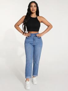 SHEIN PETITE 女款高腰鈕扣口袋時尚牛仔褲街頭風 - 藍色 - 查看 4
