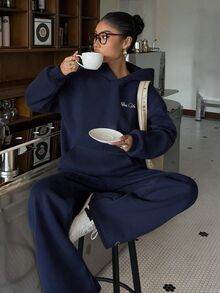Muchica 女款字母印花連帽衛衣與運動長褲黃色針織運動套裝，秋冬街頭穿搭 - 藏蓝色 - 查看 3