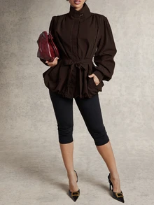 Silquee Women's Fashion Vintage Elegant Button Pocket Long Sleeve High Neck Jacket Office Burgundy Autumn - Coffee Brown - View 6