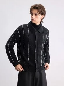 RONVEXI Men's Contrast Color Casual Versatile Daily Wear Cardigan - Black - View 1