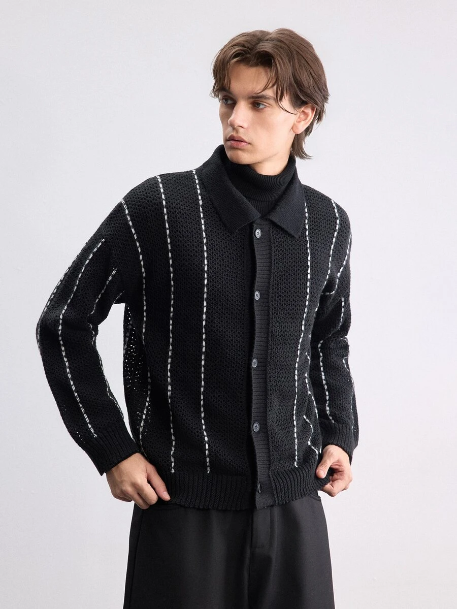 RONVEXI Men's Contrast Color Casual Versatile Daily Wear Cardigan - Black - View 1