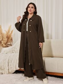 Lacomfia Plus Size Minimalist Zipper & Button Long Sleeve Jacket And Loose Pants 2 Pieces Set - Brown - View 3