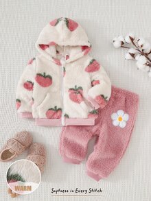 Cozy Pixies 女嬰水果圖案抓絨內裡加厚連帽長袖前開襟運動衫，純色針織軟彈腰長褲，2件套連帽外套休閒長褲套裝 - 白色 - 查看 8