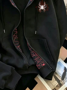 Resyla 女款大尺碼外套上衣，秋冬新款，黑色，蜘蛛網蜘蛛圖案，街拍風，度假穿搭，大尺碼女款雙層連帽衛衣 - 黑色 - 查看 5