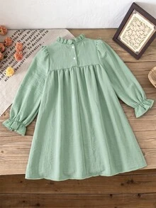 SHEIN Vintaside Kids 青少年女孩棕色溫柔風簡約花卉印花長袖套頭洋裝，寬鬆版型，優雅大方，適合外出與購物 - 綠色 - 查看 2