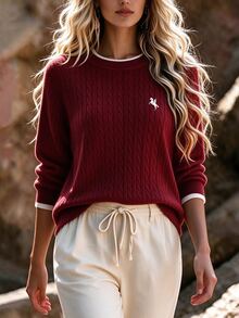 Zayélia Women's Casual Daily Long Sleeve Sweater With Equestrian Pattern - Red - View 6