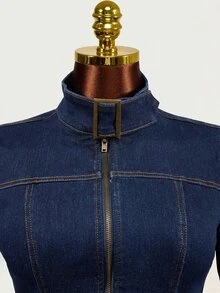 SHEIN Women's Zipper Casual Versatile Daily Denim Jacket - Blue - View 3