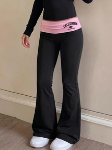 SHEIN 女童青少年黑色運動休閒低腰寬鬆舒適時尚長褲，個性化腰部設計，喇叭褲腳剪裁，適合秋季運動健身房 - 粉色 - 查看 8