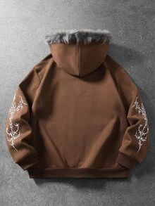 ROMWE MEN Goth Men's Hooded Long Sleeve Zip-Up Pocket Printed Sweatshirt - Coffee Brown - View 2