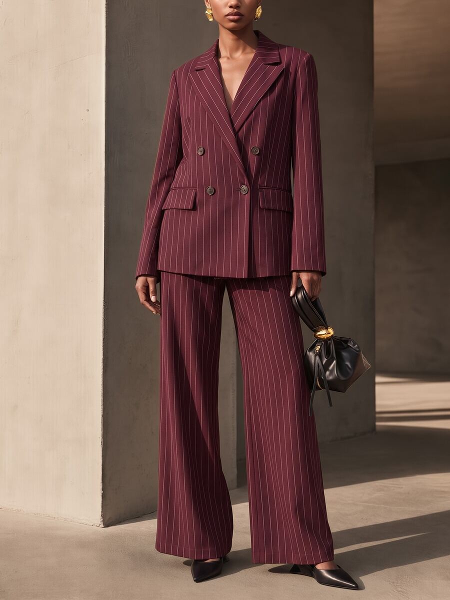 Vesra Women's Burgundy Striped Suit Set, Autumn High-End Loose Wide Leg Pants Two Pieces Set - Burgundy - View 1