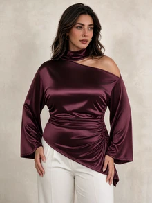 Elegantrix Women's Plus Size Spring/Autumn Halter Neck Asymmetric Shoulder Twisted Waist Satin Blouse, Draped Loose Fit Elegant Party Date Top Fall - Burgundy - View 3