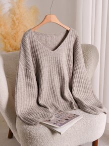Lounesse Plus Drop Shoulder Ribbed Knit Sweater Formal School College Orange Autumn Casual Soft Form - Khaki - View 4