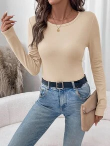 SHEIN LUNE 2件組女款純色圓領長袖保暖內裡休閒T恤 - 彩色 - 查看 11