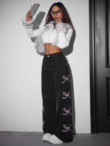 SHEIN PETITE 女款蝴蝶結圖案口袋寬腿寬鬆休閒牛仔褲 - 黑色 - 查看 5