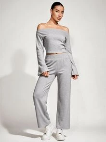 SHEIN BASICS Women's Sexy Shoulder Top And Solid Color Long Pants 2 Pieces Set - Grey - View 6