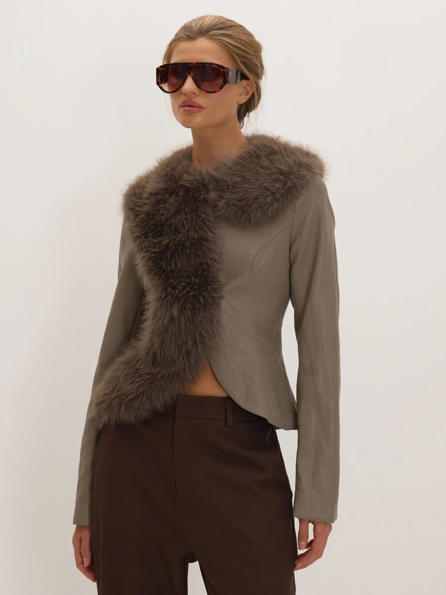 MUSEYN Grey PU Faux Fur Collar Long Sleeve Jacket Versatile Everyday Date Night Chic New Season Fall - Grey - View 1