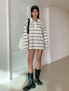 DAZY 女款休閒寬鬆拼色條紋長袖T恤上衣，春秋季女裝 - 灰色 - 查看 8