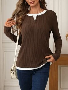 EMERY ROSE Women's 2 In 1 Long Sleeve Casual Ribbed T-Shirt - Coffee Brown - View 7
