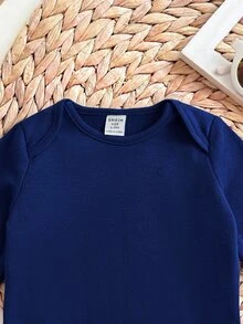 SHEIN 新生兒針織條紋卡通熊連身衣與針織上衣套裝 - 藍色 - 查看 4