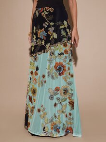 SHEIN BAE Spring/Autumn Yellow & Black Contrast Vintage Floral Print Sheer Mesh Patchwork High Waist Floor-Length Flare Skirt, Suitable For Vacation, Party, Date, Daily Wear - Multicolor - View 5