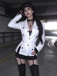EgrlEra Vintage Retro Academy Casual Young Lady Daily Commute Shopping Date Afternoon Tea Photo Shoot Lapel V-Neck Open Front Long Sleeve Split Cuff Multi-Row Black Decorative Buttons Spring Autumn White Women's Jacket - White - View 1