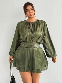 Firerie Plus Size Ruched Tie Waist Ruffle Hem Dress - Green - View 7