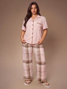 Lazeform Plus Size Button-Up Frill Trim Cardigan And Plaid Loose Fit Long Pants Pajama Set - Pink - View 6