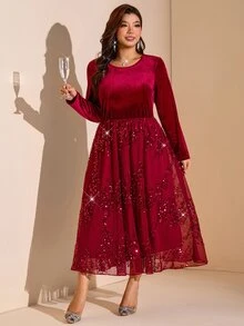 Comfylo Plus Size Elegant Sequin Soft Long Sleeve Evening Dress - Red - View 5